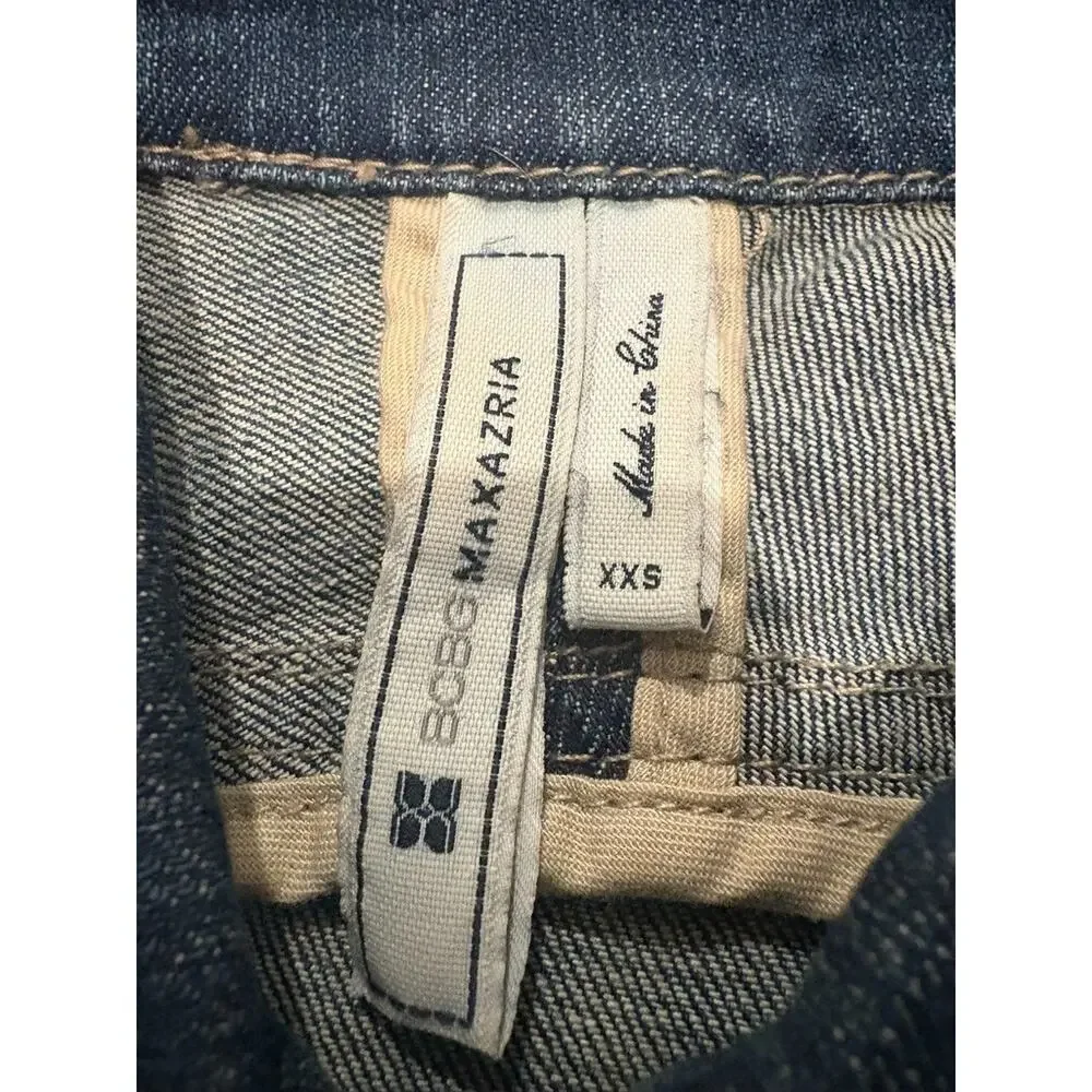 VTG Y2K 2010 BCBGMAXAZRIA Denim Jacket Black Leather Sleeve Raw Edge Women XXS